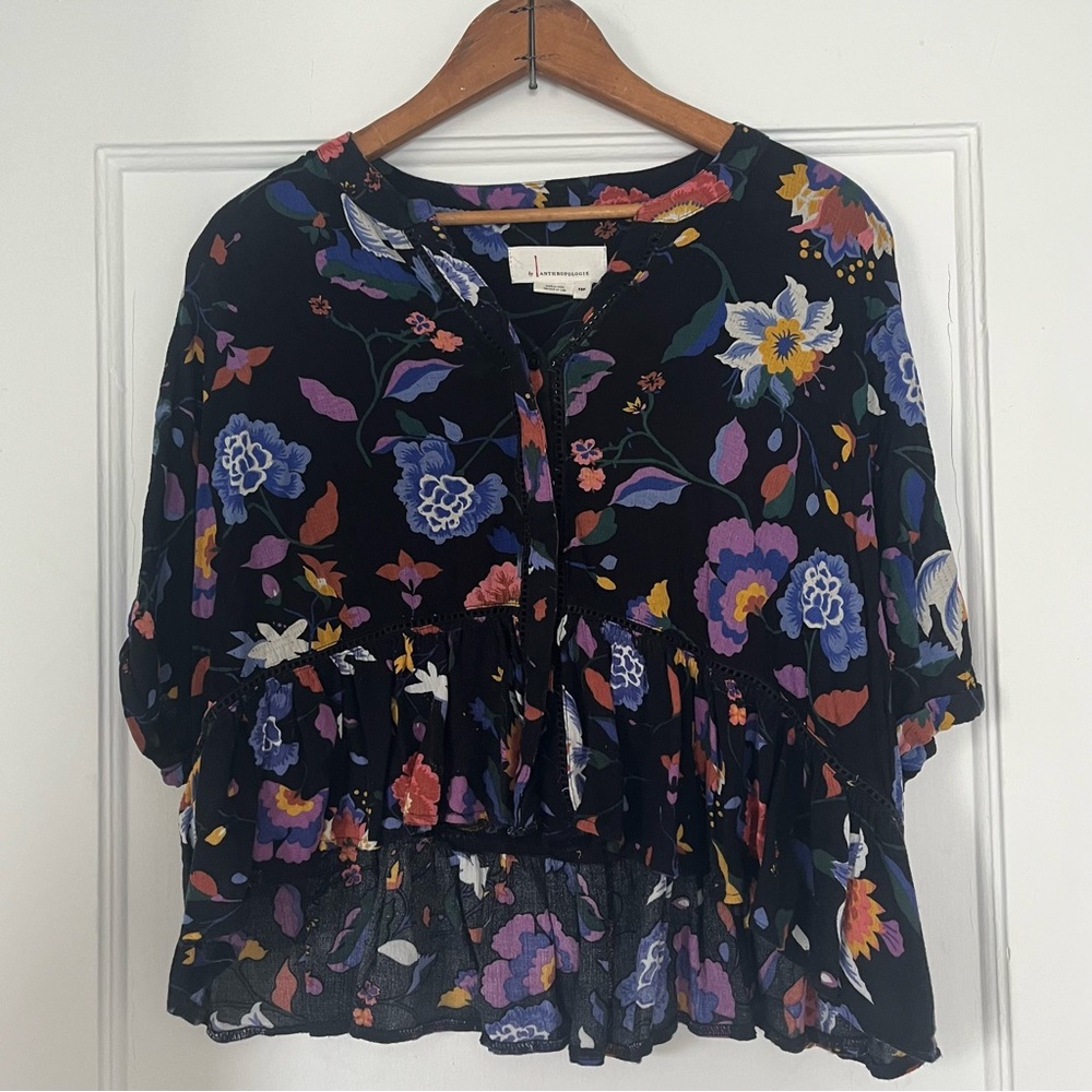 Anthropologie Josie Floral Print Button Front Dolman Sleeve Blouse size XS